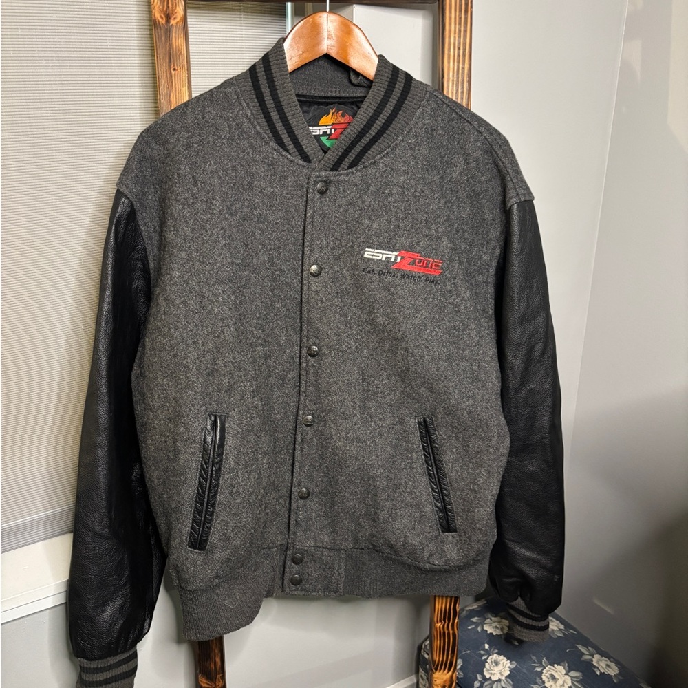 Vintage ESPN Zone Las Vegas Leather Letterman Bomber Jacket Embroidered Logo